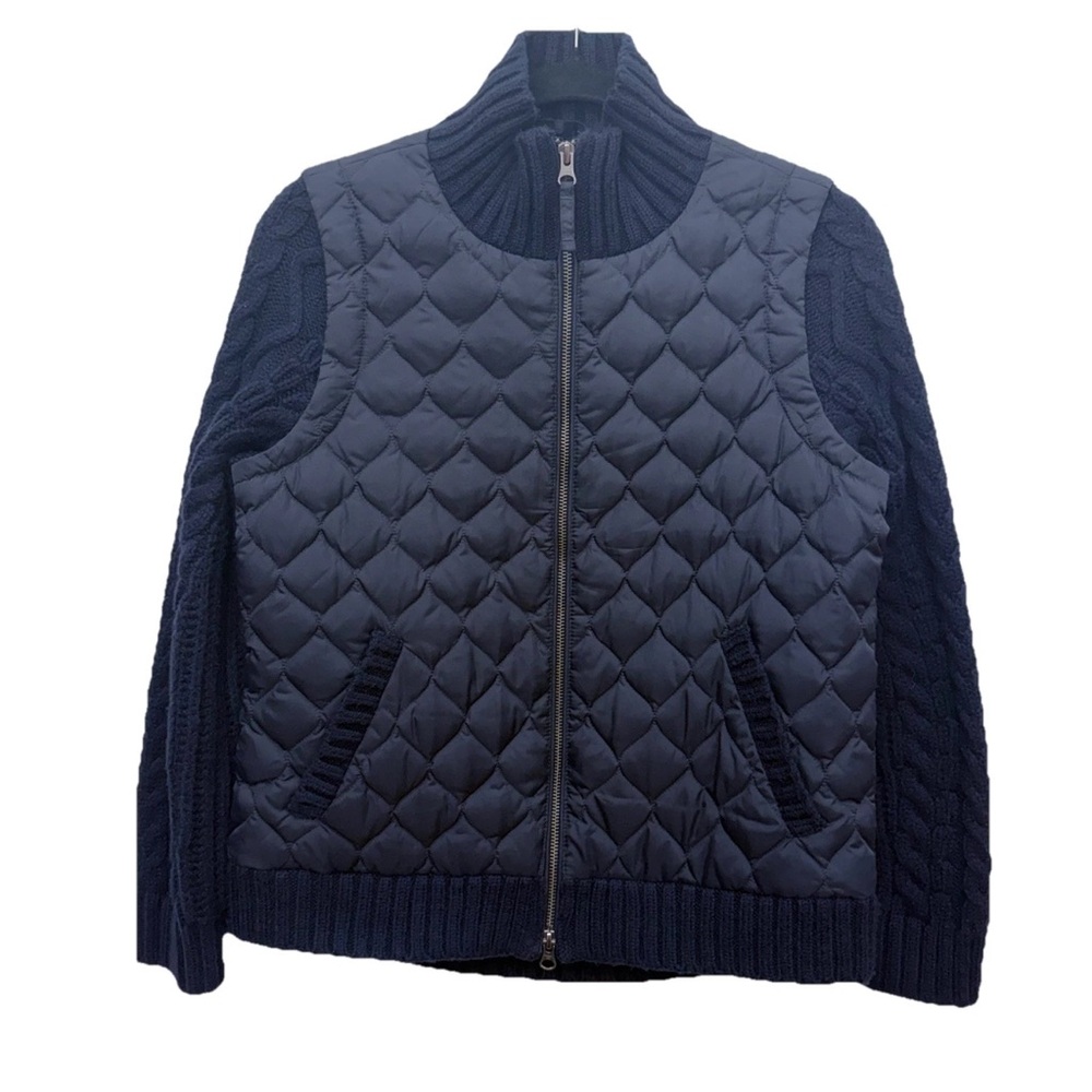 Talbots Petite P Quilted Down Puffer Sweater Jacket Navy Cable Knit Sleeves